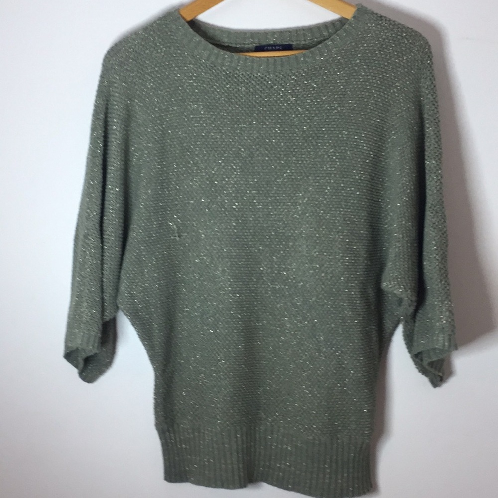 Chaps Neutral Crewneck Pullover Knit Green Cotton Blend Sweater w/Metallic Weave